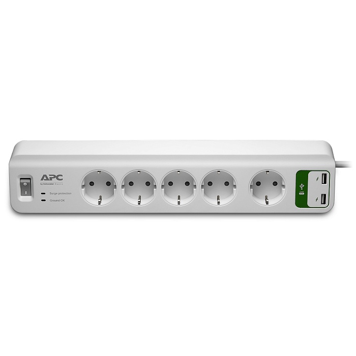 Сетевой фильтр APC PM5U-GR (Essential SurgeArrest, 5 розеток, USB-зарядное устройство на 2 порта, 5 В, 2.4 А, 230 В) - фото 1